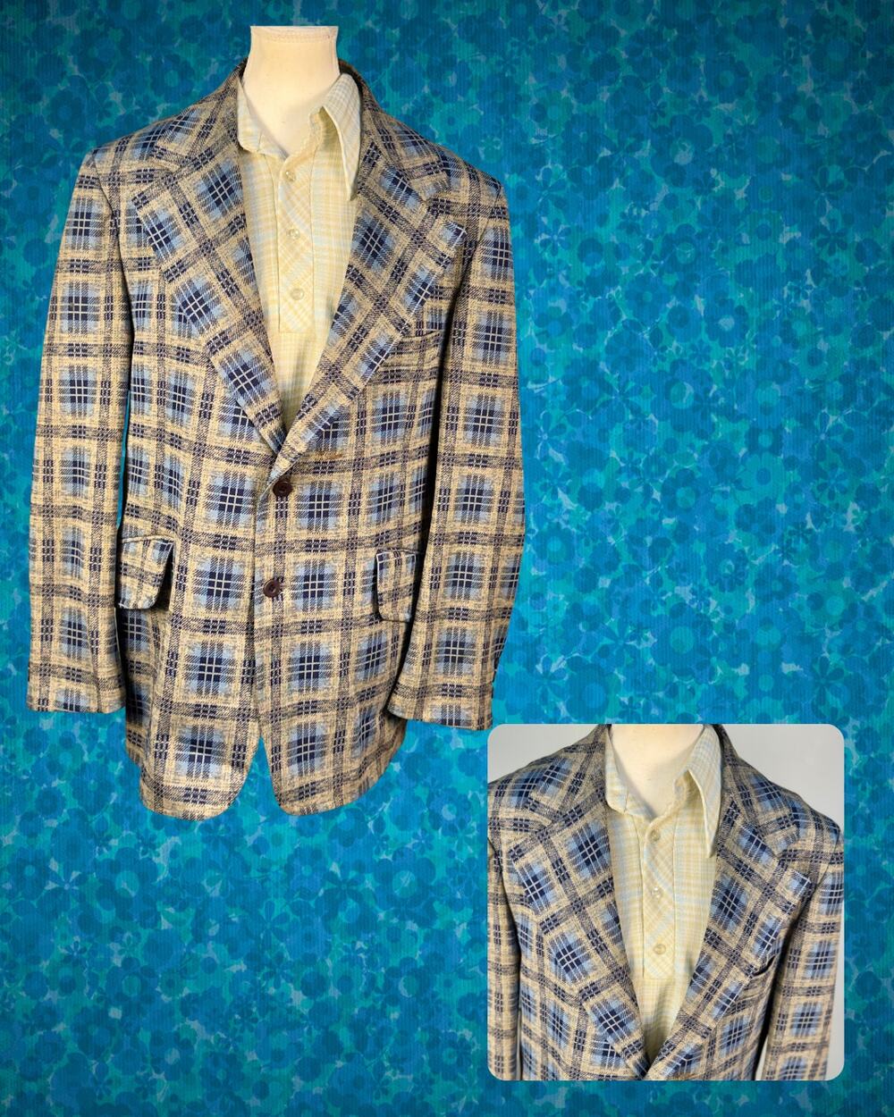 Vintage 70s Tan Powder Blue Check Leisure Suit Warm Weather Blazer 44"